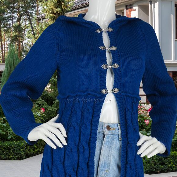 Indigo Cable Knit Hooded Sweater Dress Coat S - Picture 3 of 11